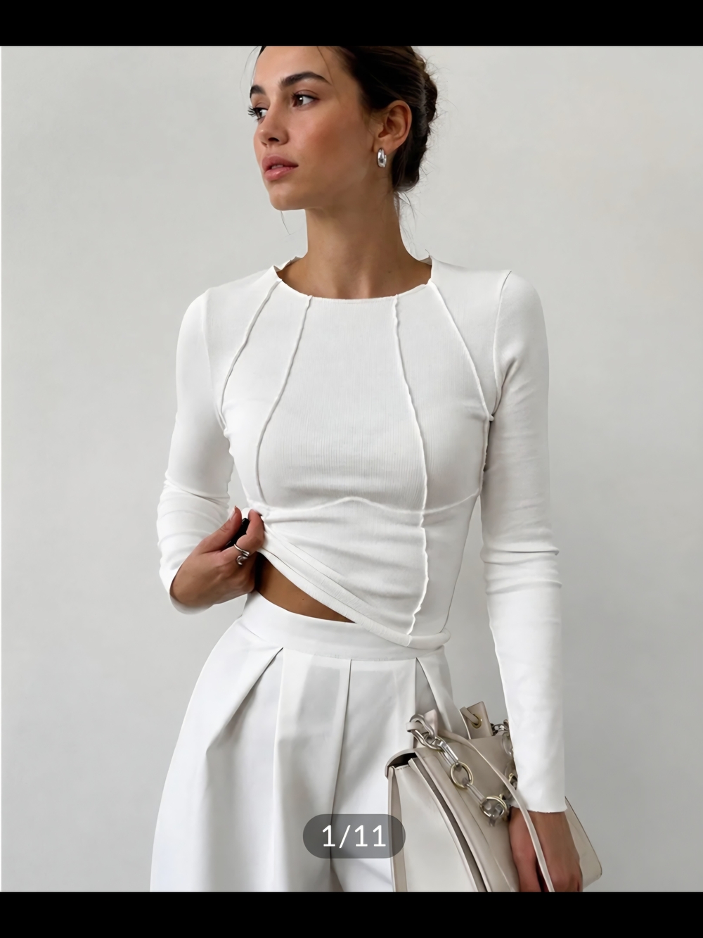 White Long-Sleeve Seam Detail Top